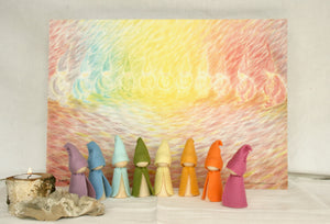 8 XXL pastell Regenbogen Zwerge mit passendem Kunstdruck von Almut Hewel Kegel Zwerge